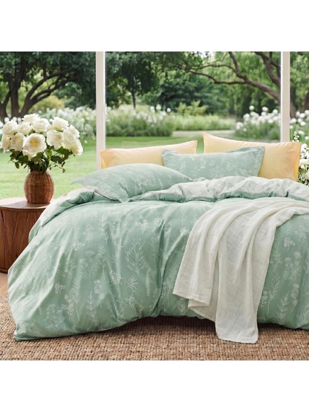 Sage Green Floral Queen Comforter Set - 3 Piece Lightweight Bedding, Reversible